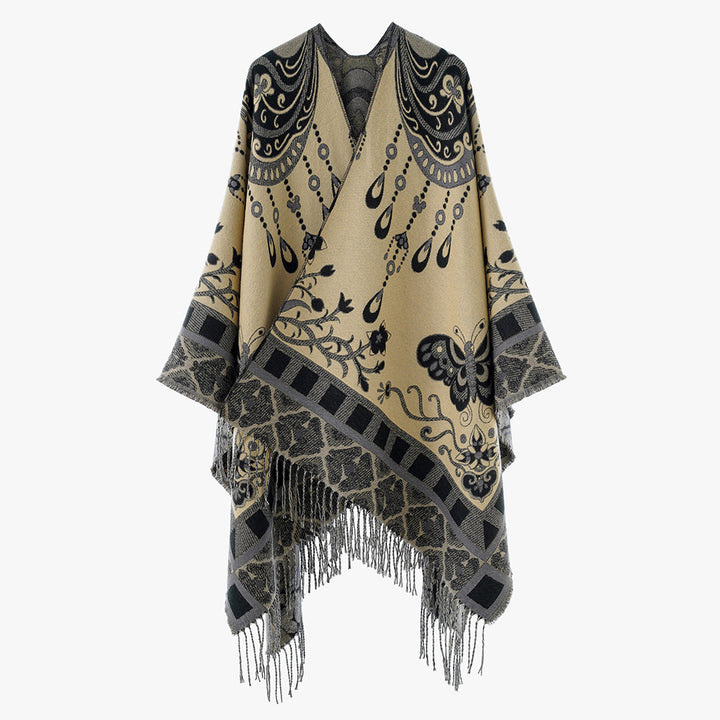 Women Jacquard Statement Poncho with paisley and butterfly motif as well as fringes Mune Fashion