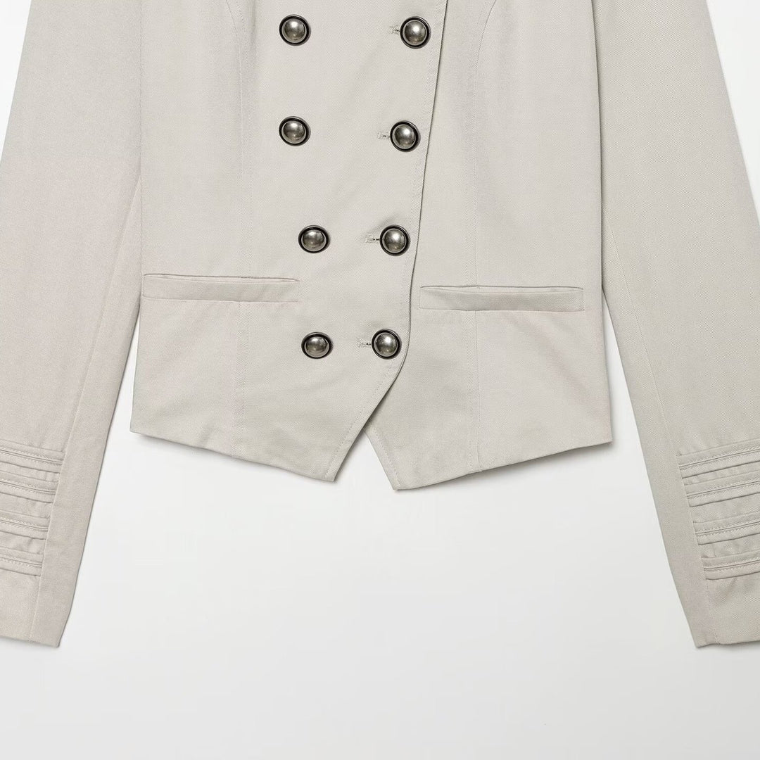 Women's tailored short blazer in sailor military style with stand-up collar and decorative buttons Mune Fashion