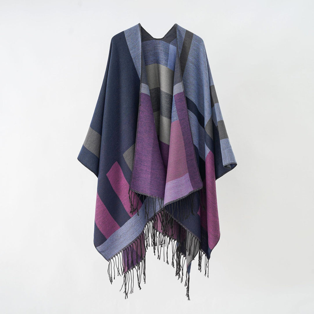 Women's jacquard wrap poncho in cape cut with fine fringe hem Mune Fashion