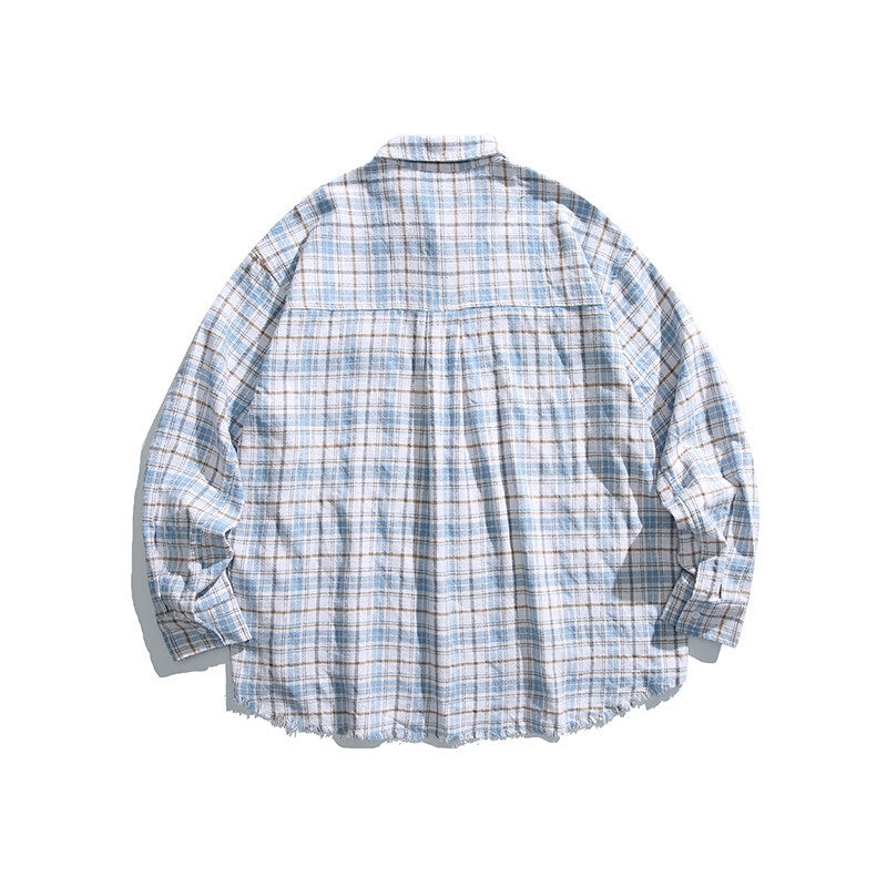 Unisex Boxy overshirt in checked linen blend with frayed hem and patch pockets Mune Fashion