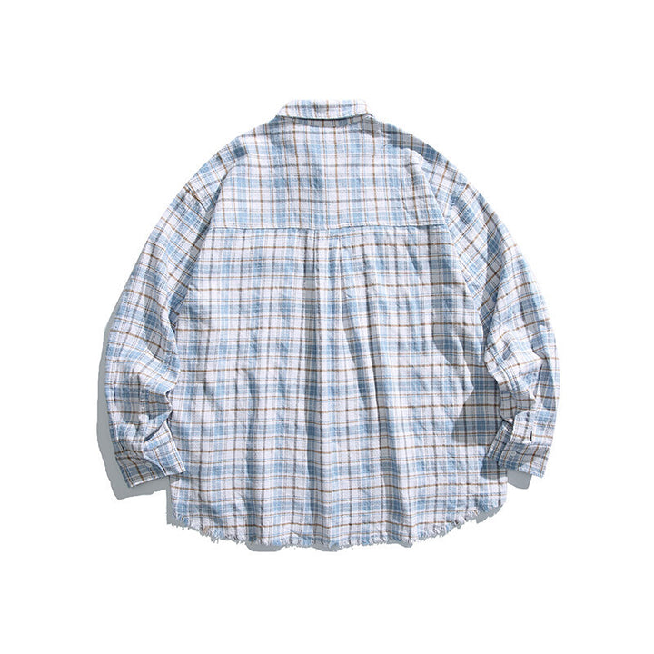 Unisex Boxy overshirt in checked linen blend with frayed hem and patch pockets Mune Fashion