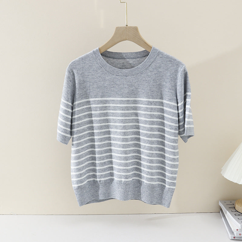 Women's Light Striped Fine Knit Shirt with Round Neck and Short Sleeve Mune Fashion