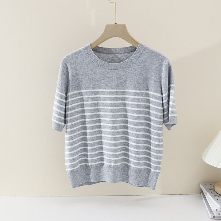 Women's Light Striped Fine Knit Shirt with Round Neck and Short Sleeve Mune Fashion