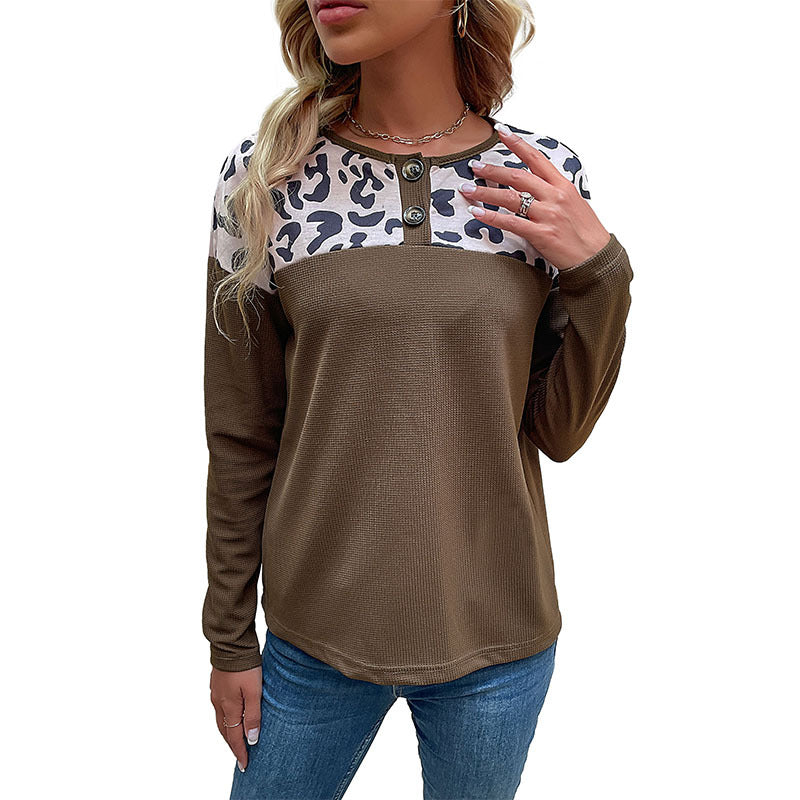 Women's Long Sleeve Waffle Shirt with Leopard Shoulder Yoke and Button Placket Mune Fashion