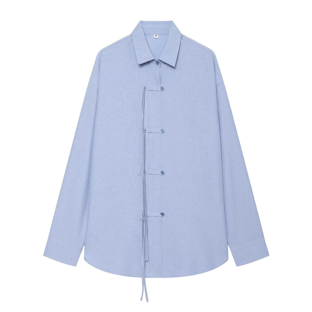 Women Oversize Shirt Jacket with Drawstring, Decorative Knot Closure and Shirt Collar Mune Fashion