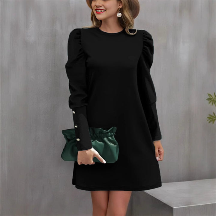 Women Elegant A-Line Mini Dress with Emphasized Puff Sleeves and Pearl Button Sleeve Cuffs Drune