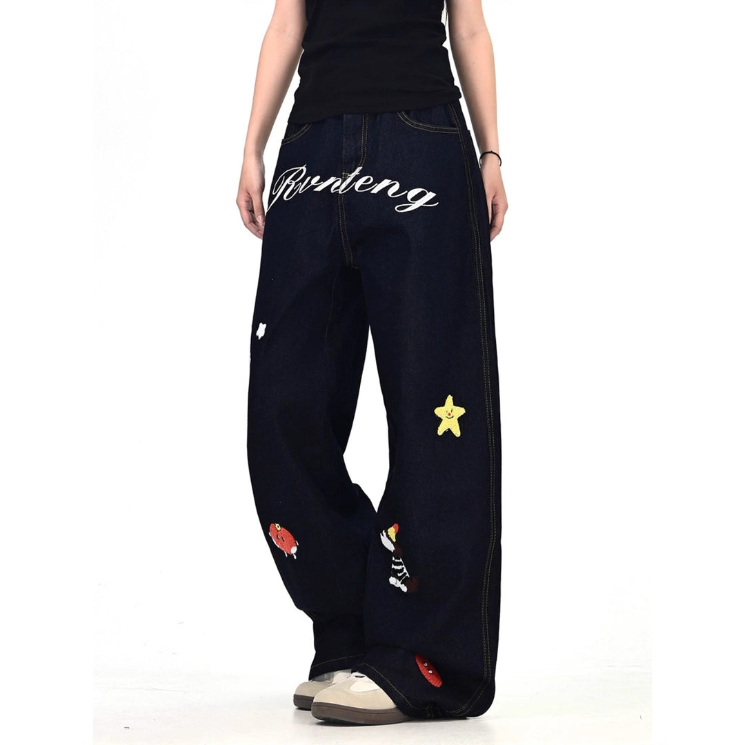 Women's Wide Cut Costume Jeans with Colorful Embroidery Design Mune Fashion
