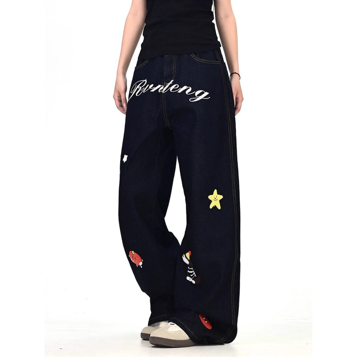 Women's Wide Cut Costume Jeans with Colorful Embroidery Design Mune Fashion