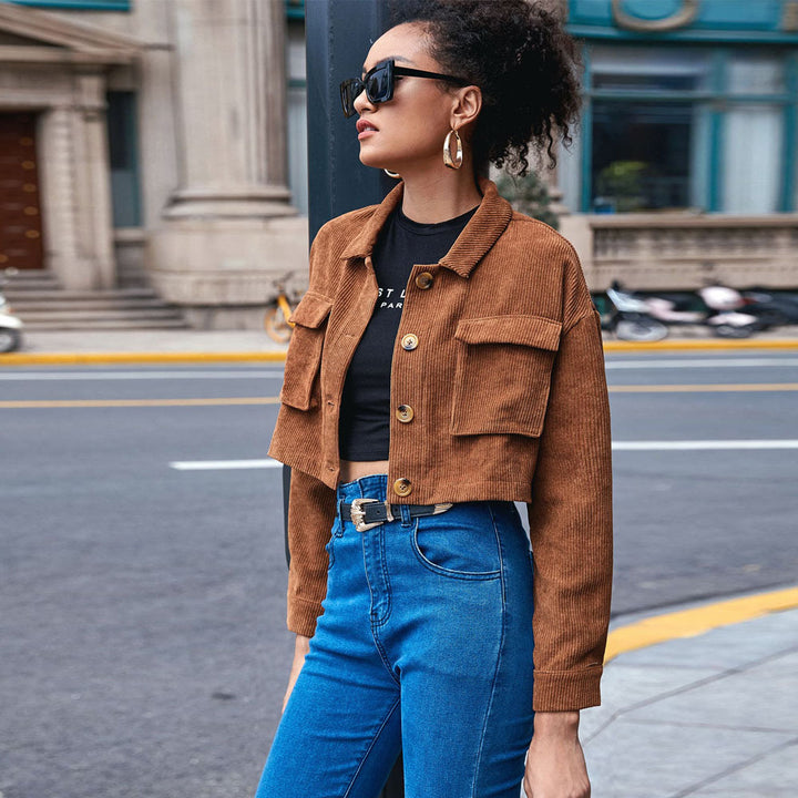 Women's cropped cord jacket with applied flap pockets, shirt collar, and button closure Mune Fashion