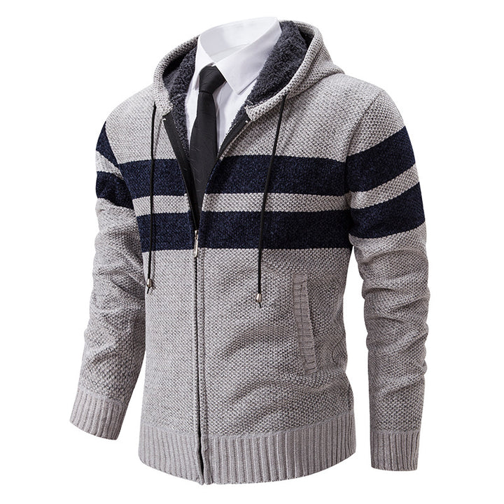 Men's knitted hoodie jacket with teddy lining, concealed zipper and contrast stripes Mune Fashion