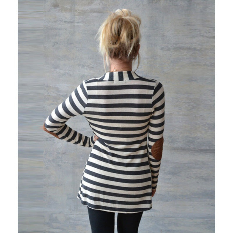 Women's Striped Long Cardigan with Open Waterfall Cut and Elbow Patches Mune Fashion