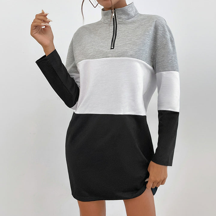 Women's Colorblock Short Dress with Stand Collar and Half Zipper Mune Fashion