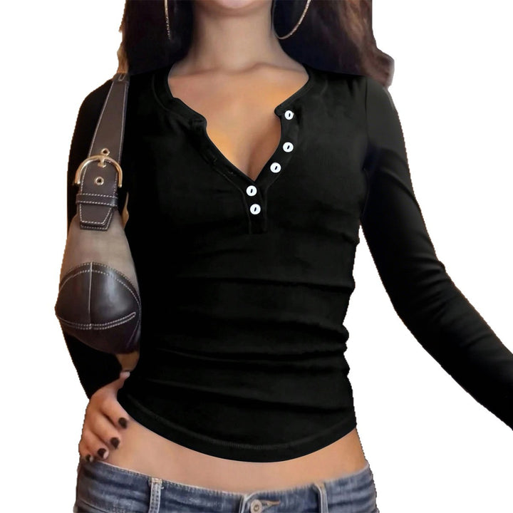 Ladies tailored Henley long sleeve with V-button placket, body-shaping stretch jersey, and slim silhouette Mune Fashion