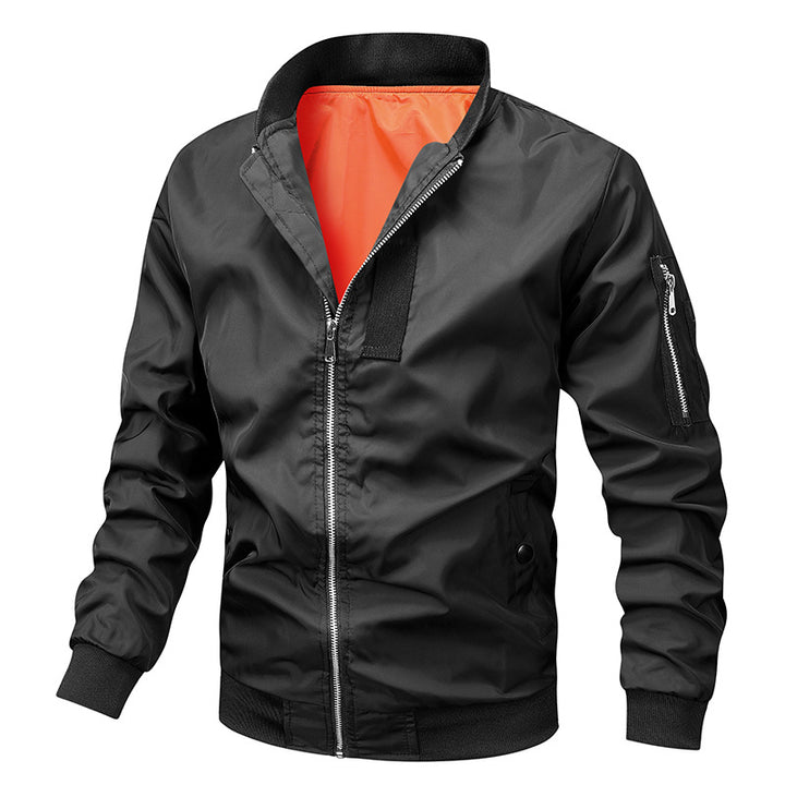 Men's classic pilot bomber jacket with contrasting inner lining, sleeve zippered pocket, and elastic cuffs.