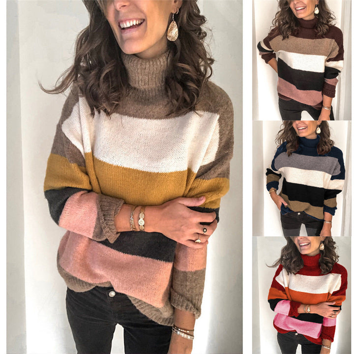 Women Oversize Turtleneck Sweater with Wide Block Stripes and Soft Knit Mune Fashion