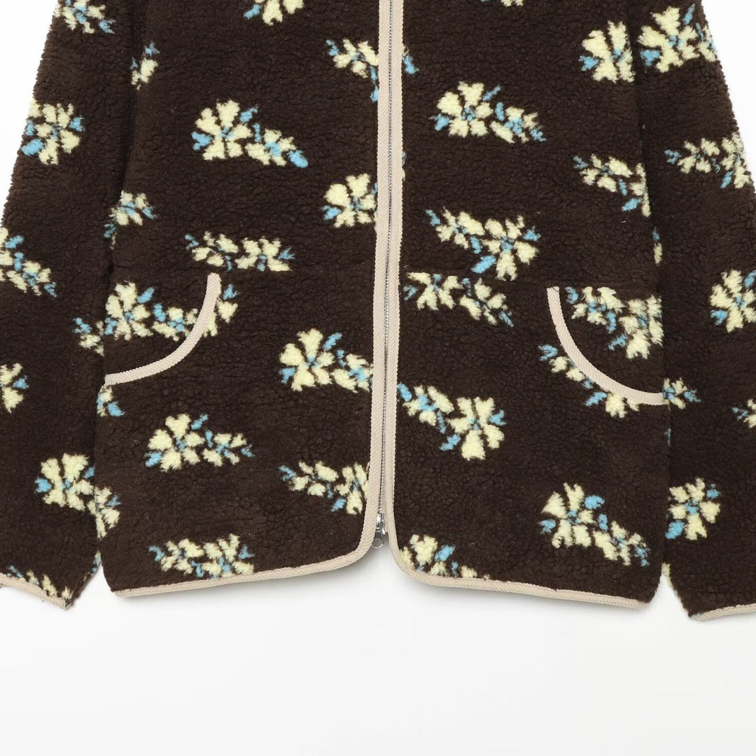 Women's teddy fleece jacket with floral allover pattern, stand-up collar and zipper Mune Fashion