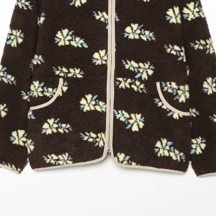 Women's teddy fleece jacket with floral allover pattern, stand-up collar and zipper Mune Fashion