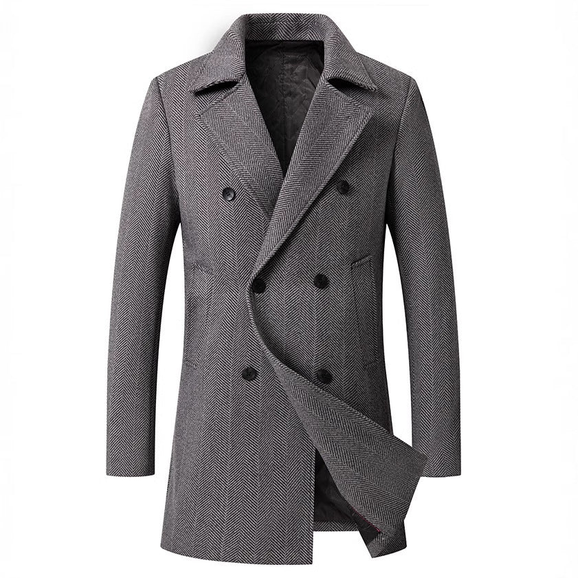 Men's Double-Breasted Herringbone Wool Blend Car Coat with Tailored Fit and Quilted Thermal Lining Mune Fashion