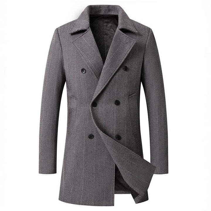 Men's Elegant Double-Breasted Coat with Textured Herringbone Pattern Mune