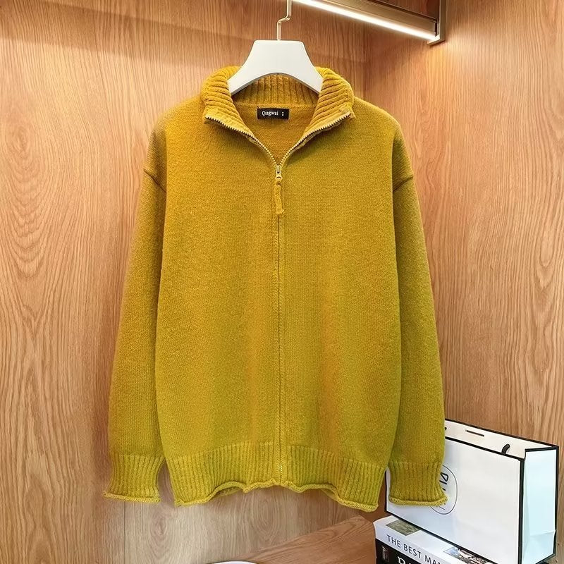 Unisex Comfortable Zipper Knit Jacket with Straight Cut and Stand-Up Collar Mune Fashion