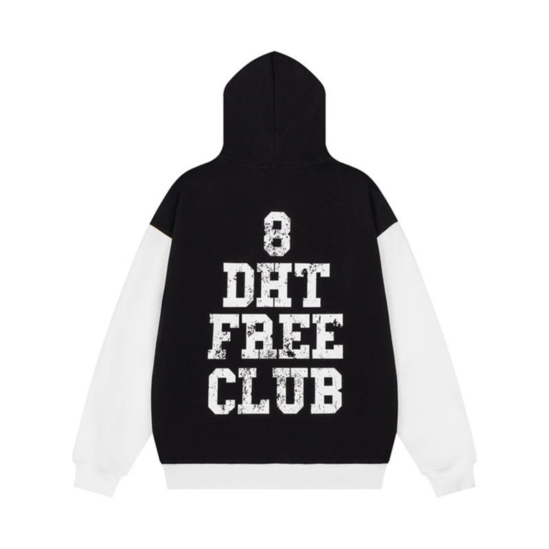 Women's College Style Hoodie Sweatshirt with Contrast Sleeves, Kangaroo Pocket and Vintage Print Mune Fashion