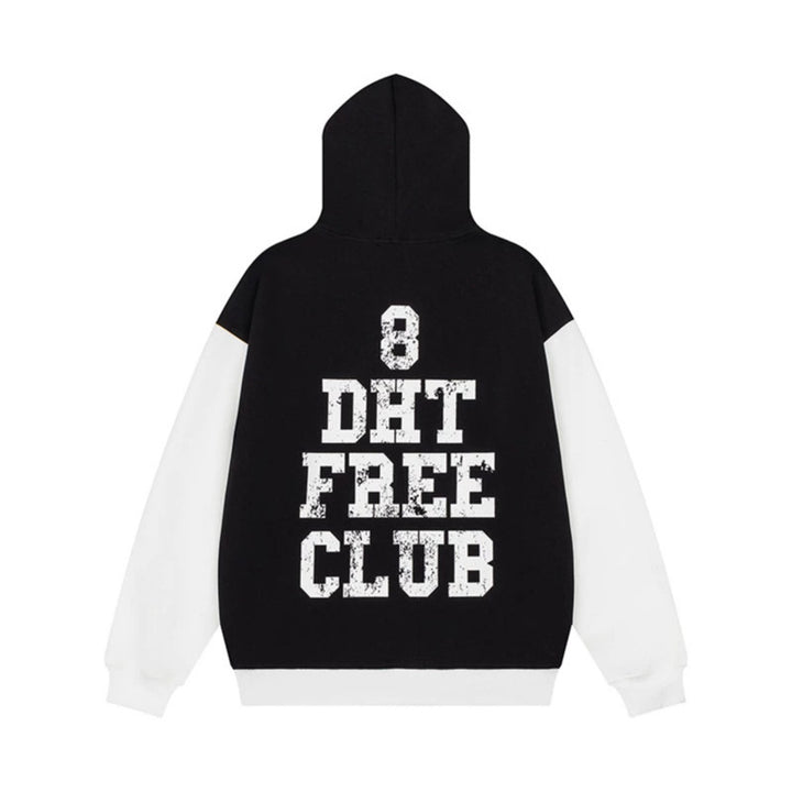 Women's College Style Hoodie Sweatshirt with Contrast Sleeves, Kangaroo Pocket and Vintage Print Mune Fashion