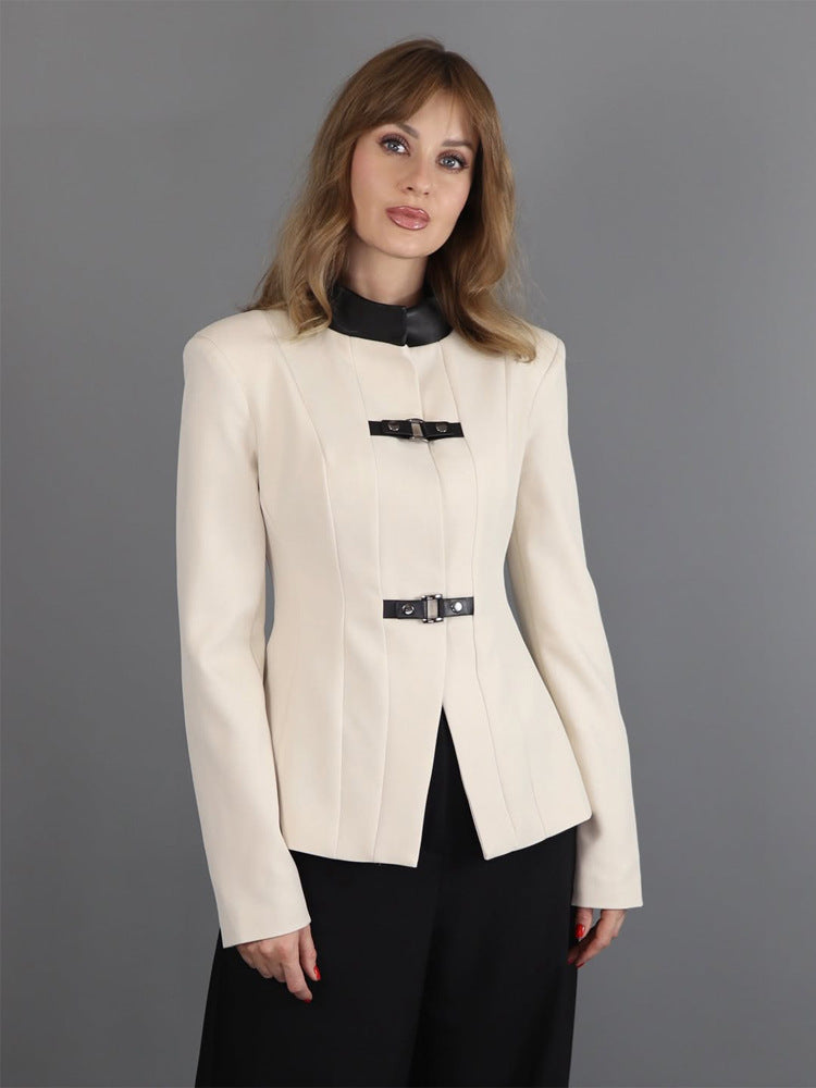 Women's Tailored Blazer with Stand-Up Collar, Waist Seams, and Decorative Strap Closures Mune Fashion