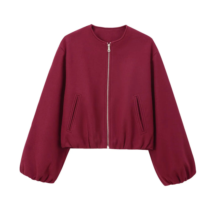 Women nan cast-cut wool bomber jacket with round neckline, continuous zipper, piped side pockets and elastic hem Mune Fashion
