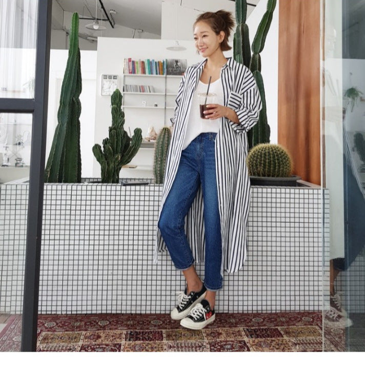 Women’s Long Striped Shirt Midi Dress with Stand Collar, Oversized Fit and Deep Side Slits Mune Fashion