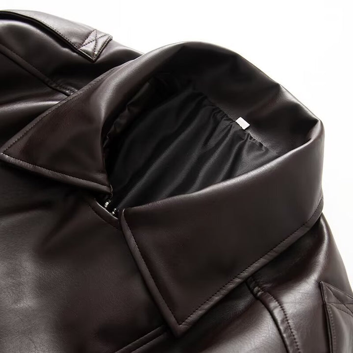 Women's Oversized Faux Leather Bomber Jacket with Utility Pockets, High Collar and Elastic Hem Mune Fashion