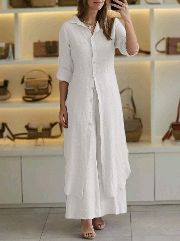 Women's long linen shirt dress with continuous button placket, shirt collar, and subtle A-line cut Mune Fashion