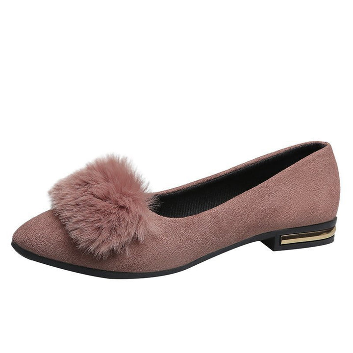 Women's pointed ballerina with faux velvet upper material, faux fur pompon, and metallic heel appliqué Mune Fashion