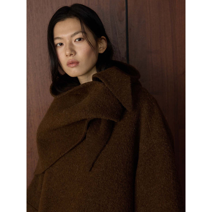 Women's Voluminous Hooded Coat made of Boucle Wool Mix with Draped Front Mune Fashion