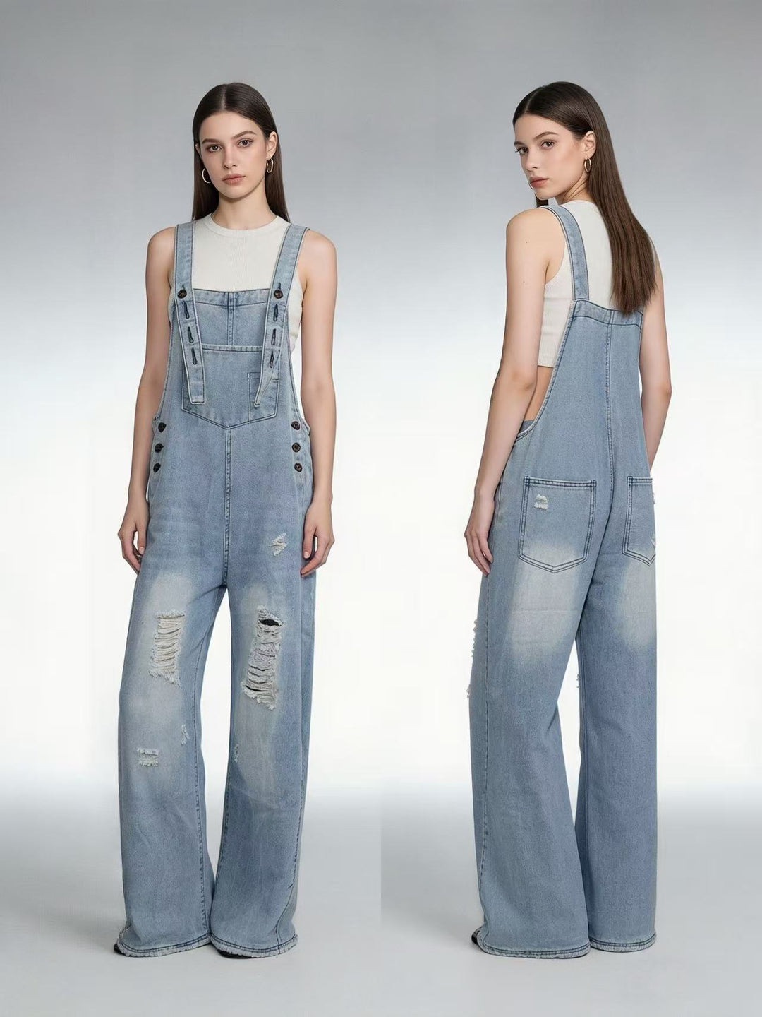 Women's modern baggy overalls made of pigment-dyed stretch denim with adjustable straps and visible rips Mune Fashion