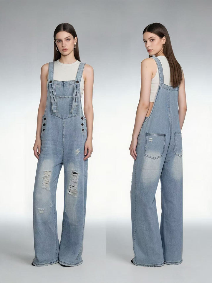 Women's modern baggy overalls made of pigment-dyed stretch denim with adjustable straps and visible rips Mune Fashion
