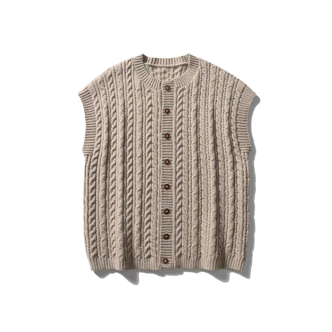 Women's Sleeveless Cable Knit Vest with Wooden Buttons and Ribbed Hem Mune Fashion