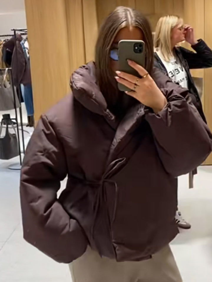 Women Short Padded Oversized Puffer Jacket with Hood and Tie Belt Mune Fashion