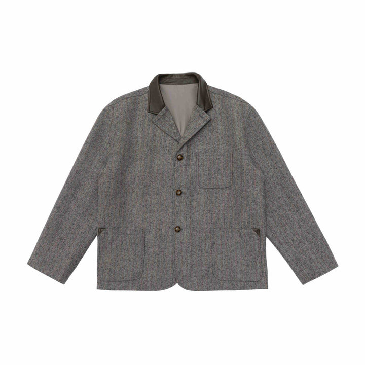 Men's Glencheck Blouson Jacket with Leather Collar and Large Flap Pockets Mune Fashion