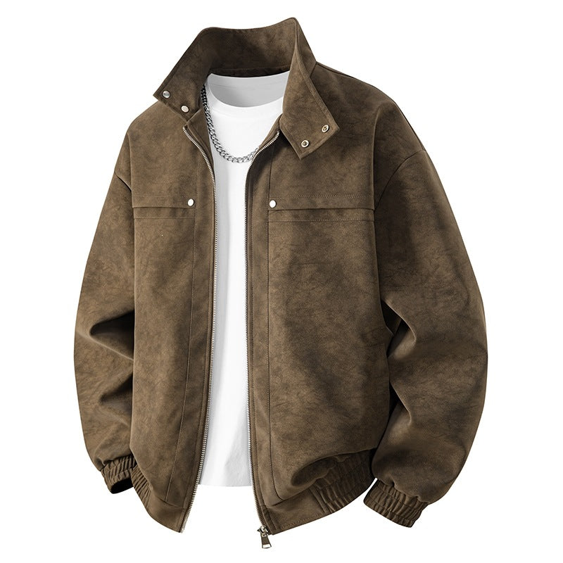 Men's velvet imitation transitional bomber-style jacket with stand-up collar, press stud fastening & elastic cuffs.