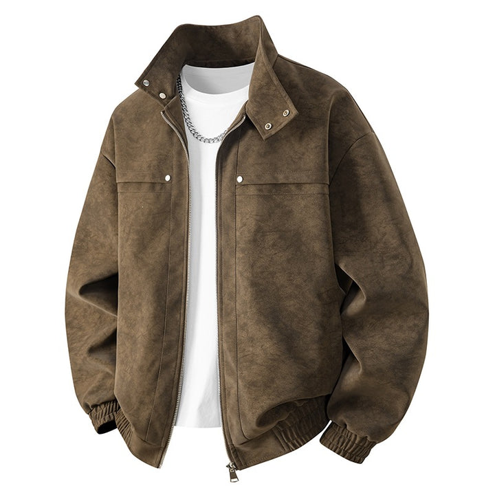 Men's velvet imitation transitional bomber-style jacket with stand-up collar, press stud fastening & elastic cuffs.