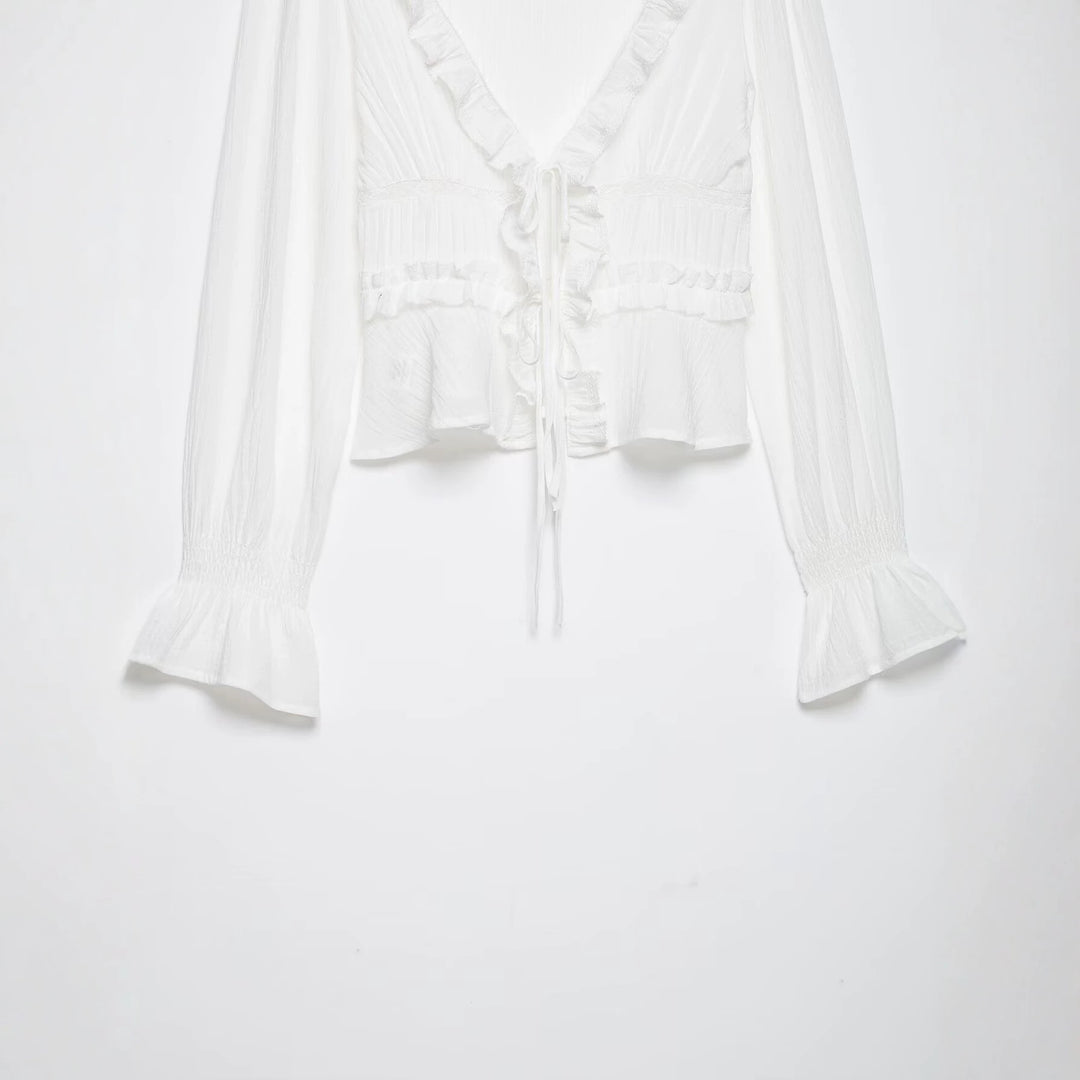 Women's Ruffle Blouse with Deep V-Neck, Tie Band, and Gathered Balloon Sleeves Mune Fashion