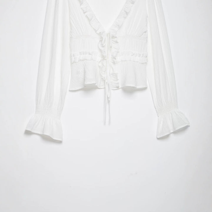 Women's Ruffle Blouse with Deep V-Neck, Tie Band, and Gathered Balloon Sleeves Mune Fashion