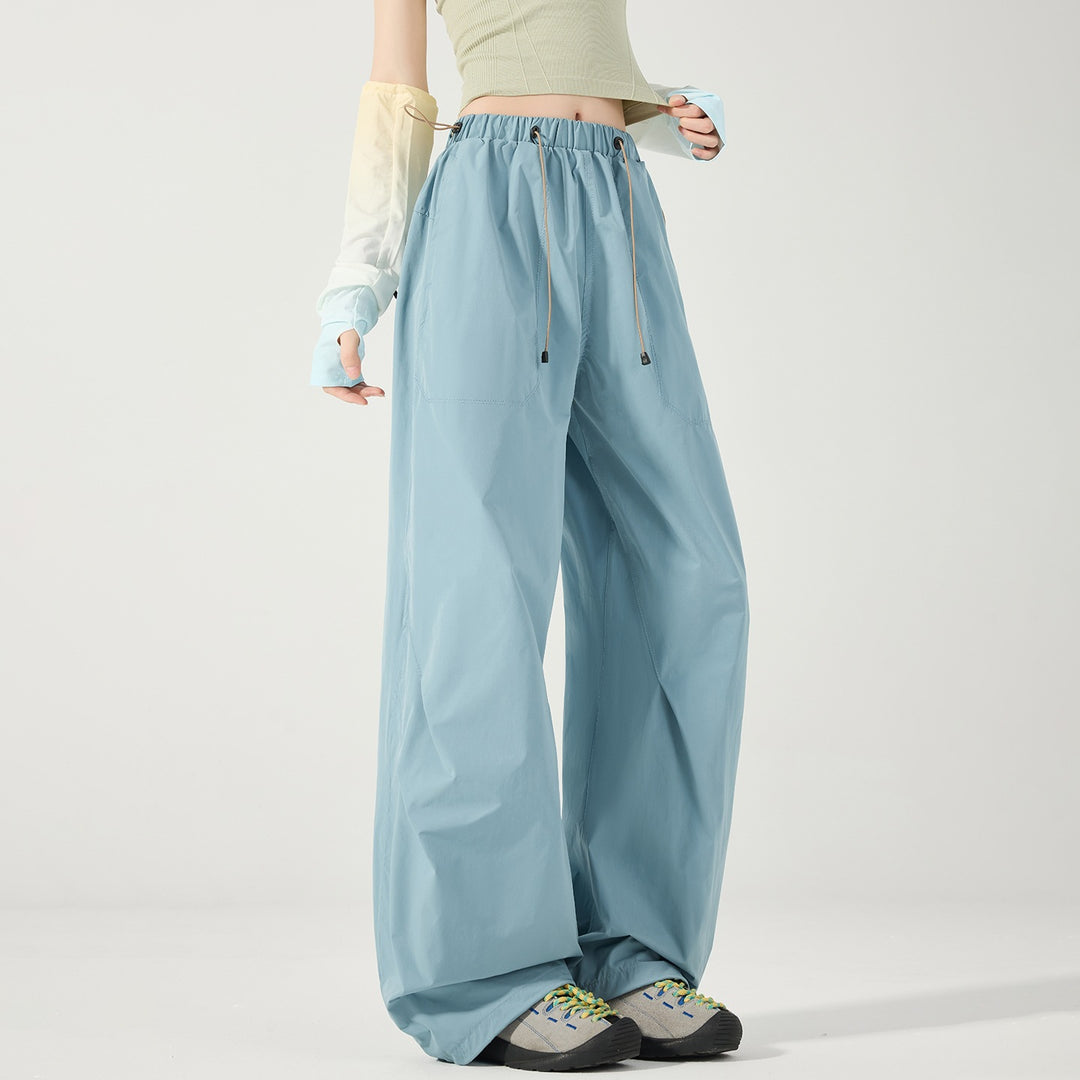 Women's Wide Nylon Baggy Pants with Elastic Drawstring Waistband & Utility Pockets Mune Fashion