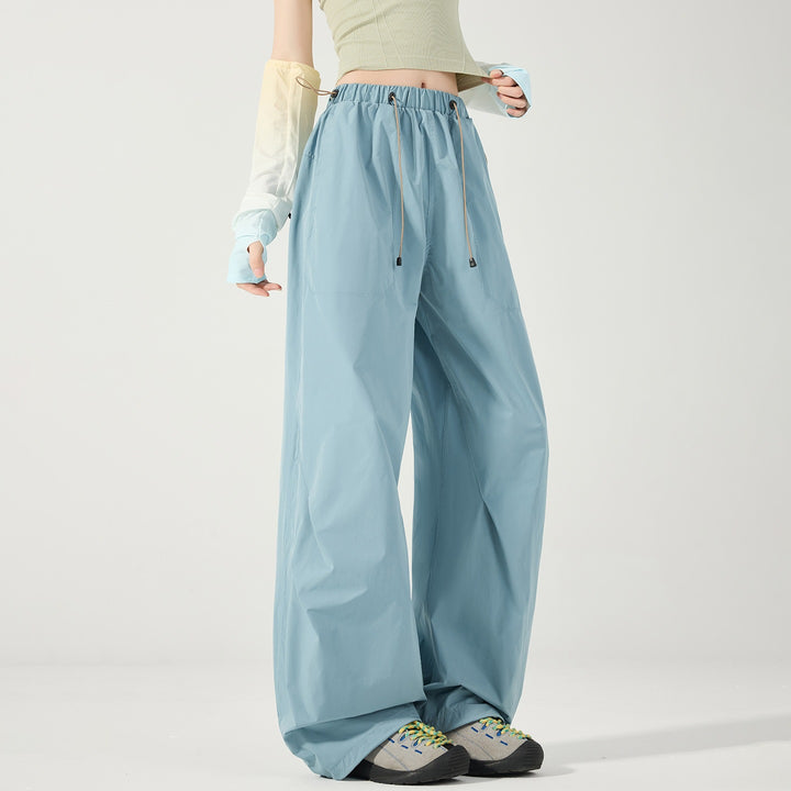 Women's Wide Nylon Baggy Pants with Elastic Drawstring Waistband & Utility Pockets Mune Fashion