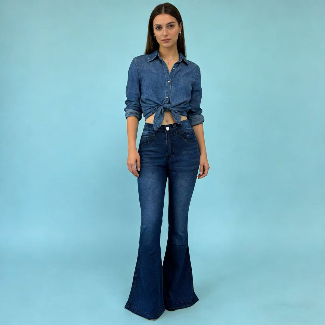 Women nan High-Waist flared jeans with shaping hip silhouette, reinforced leg seams, and extra wide trumpet legs Mune Fashion