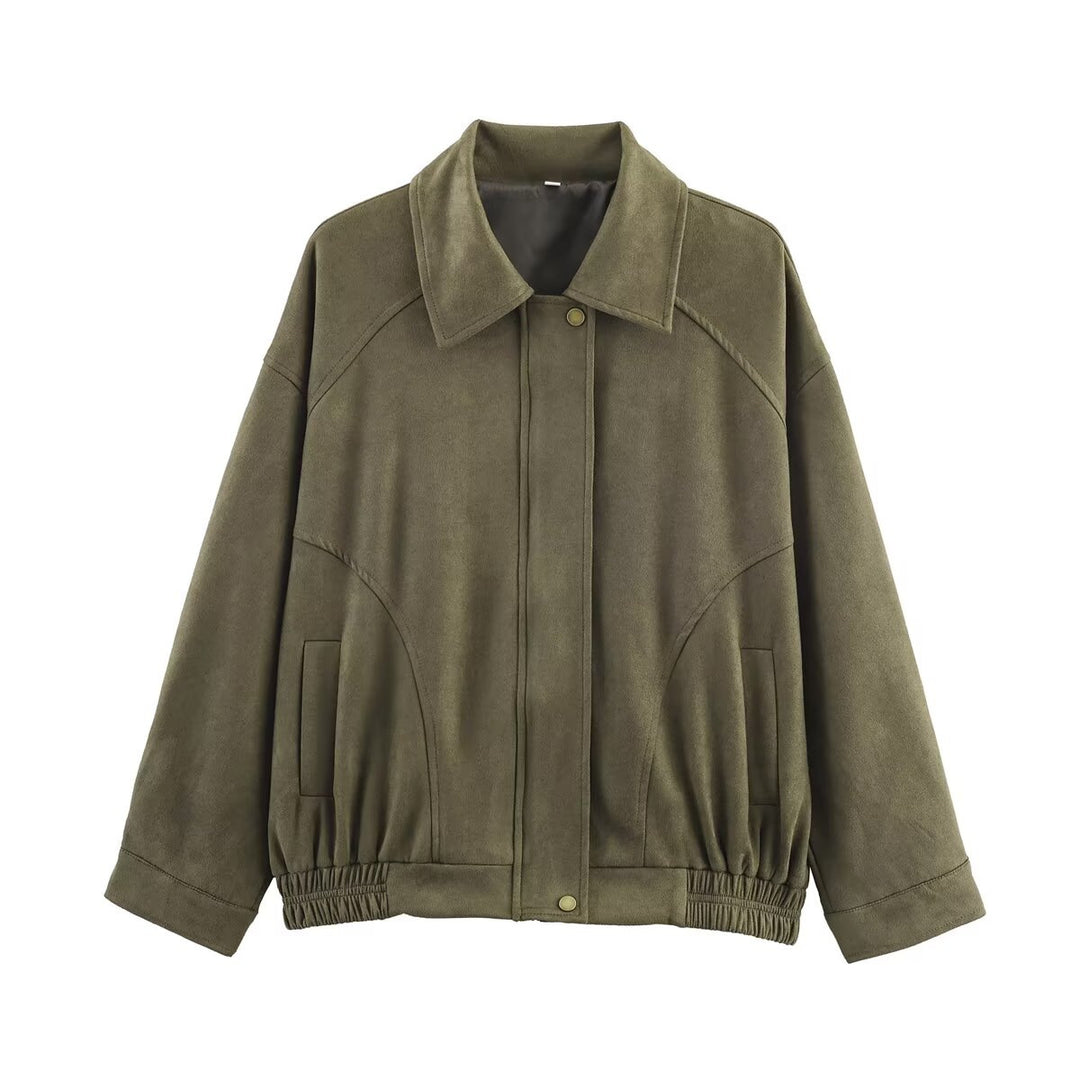 Women's oversized velvet bomber jacket with shirt collar, concealed snap button placket and elastic hem Mune Fashion