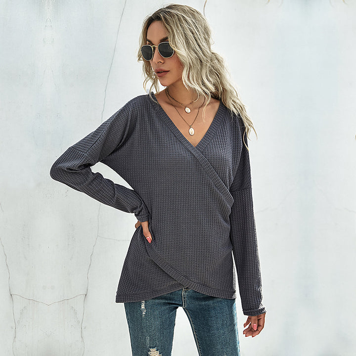 Women's Waffle Knit Wrap Top with V-Neck and Long Oversized Sleeve Fit Mune Fashion