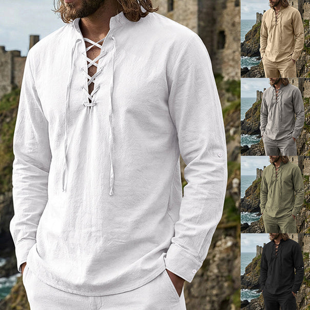 Men's Crinkle Linen Long Sleeve Shirt with Rollable Sleeves Mune Fashion