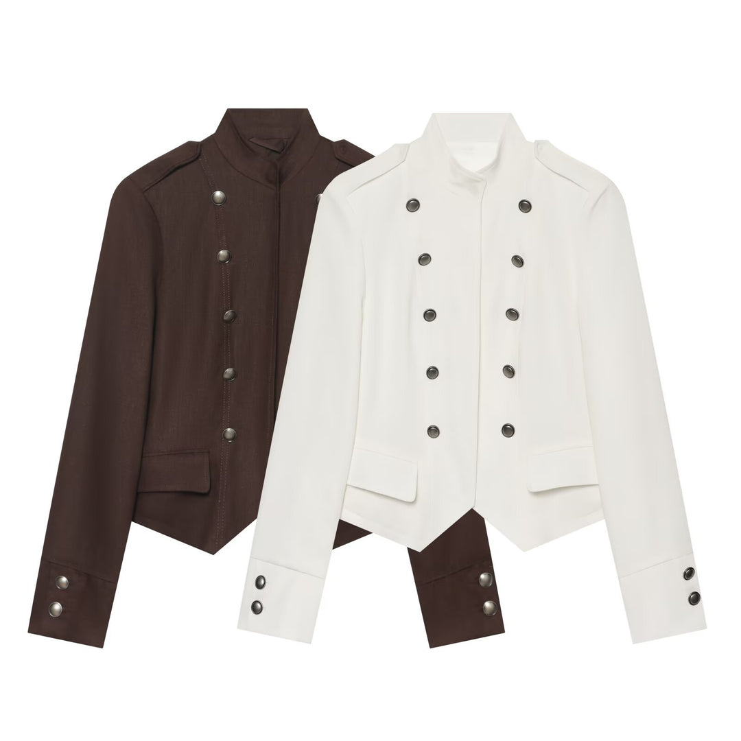 Women Short Military-Inspired Double-Breasted Jacket with Stand Collar and Flap Pockets Mune Fashion