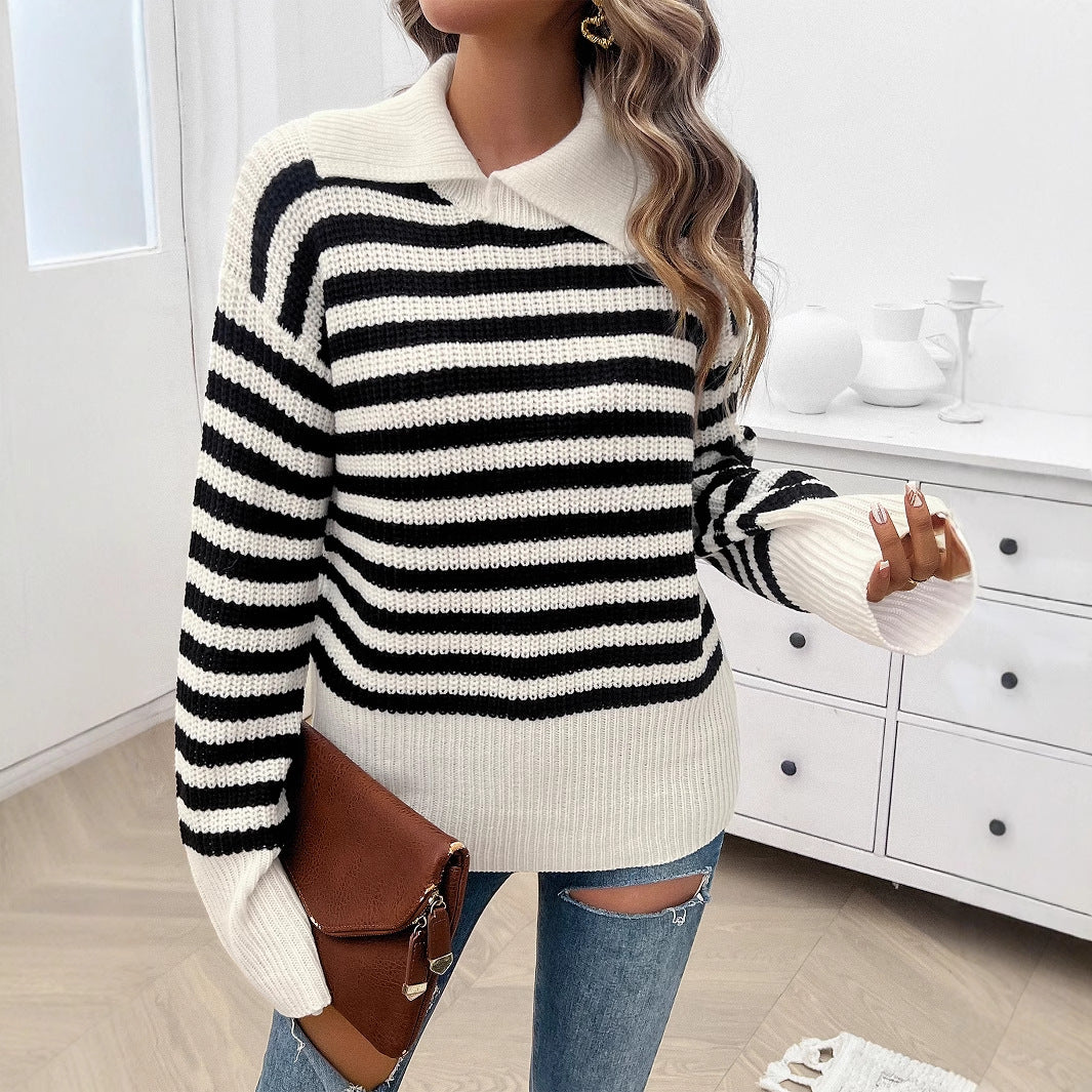 Ladies knitted striped polo collar sweater with wide hem and flared cuffs Mune Fashion